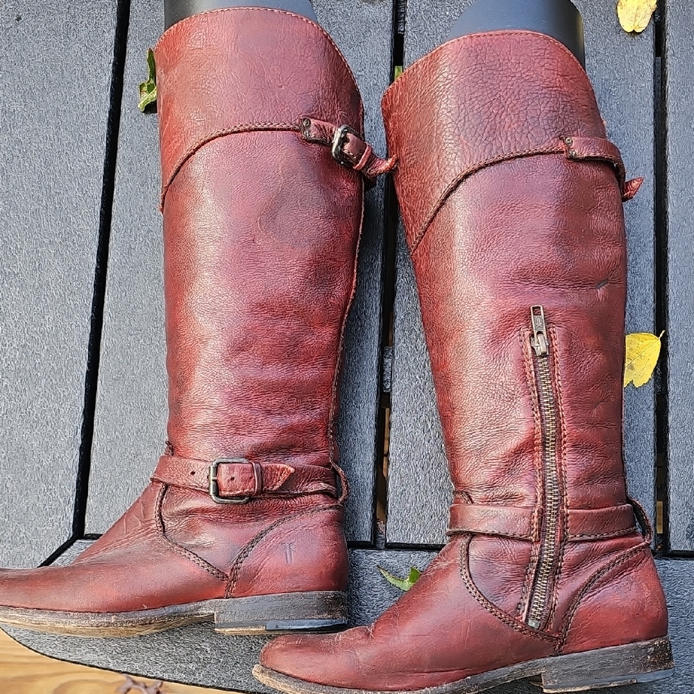 Frye Women's Burgundy Leather Over the Knee Boots Comfy